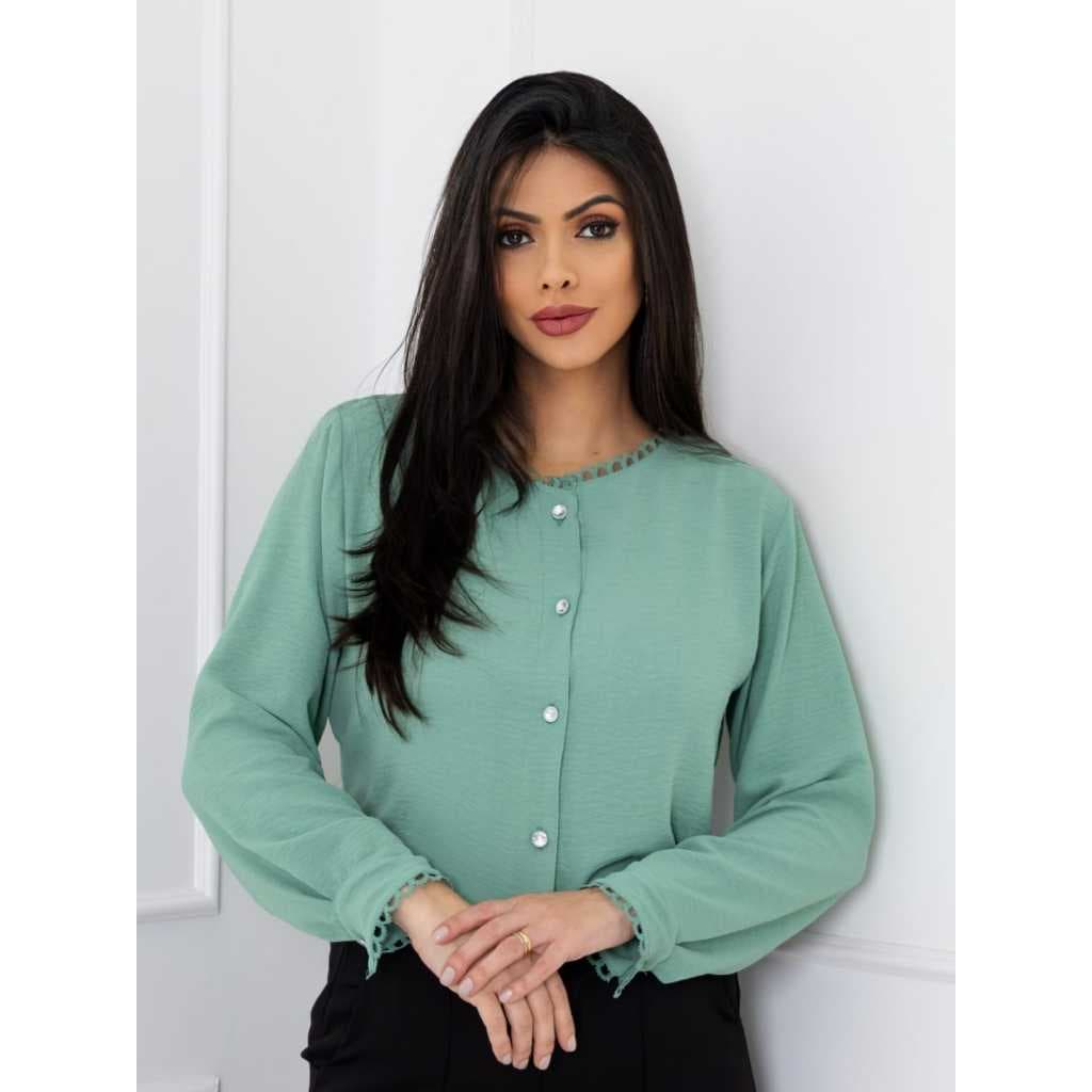L.L.MODAS FEMININA    camisa social feminina manga longa com renda tecido duna