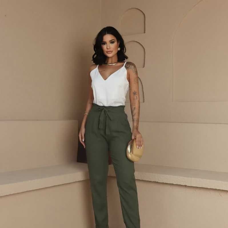 Calça Crochard Feminino Linho Premium Cintura Alta Elegante  - Laço na Frente com Bolso e Forro