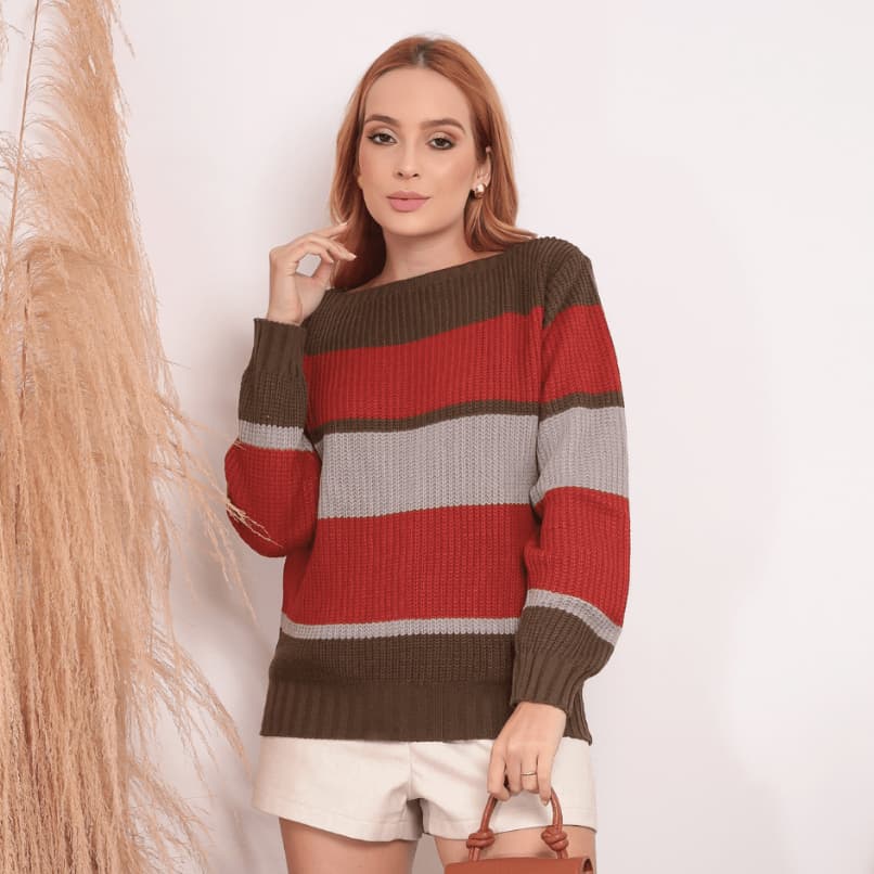 Blusa Feminina de Lã Tricot Listrada Gola Canoa Manga Longa Inverno Casual Elegante Confortável