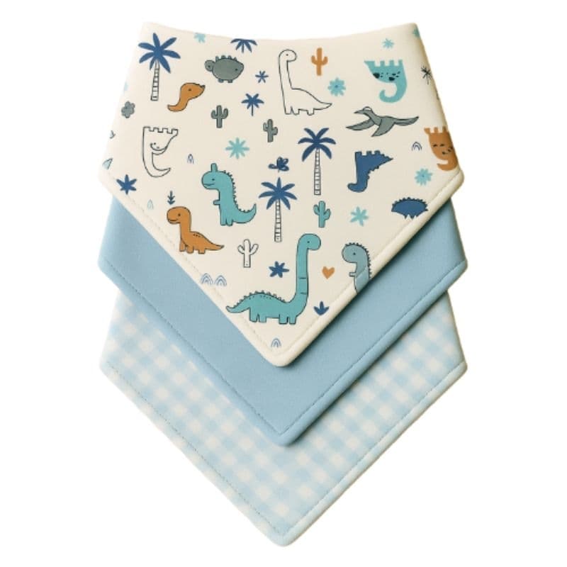 Kit com 3 Babador Bandana Bebê Menino 100% Algodão Dino Xadrez Azul Bebê