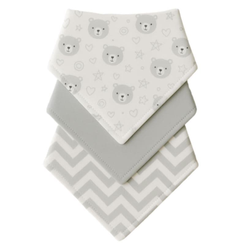 Kit com 3 Babador Bandana Bebê 100% Algodão Unissex Urso Cinza