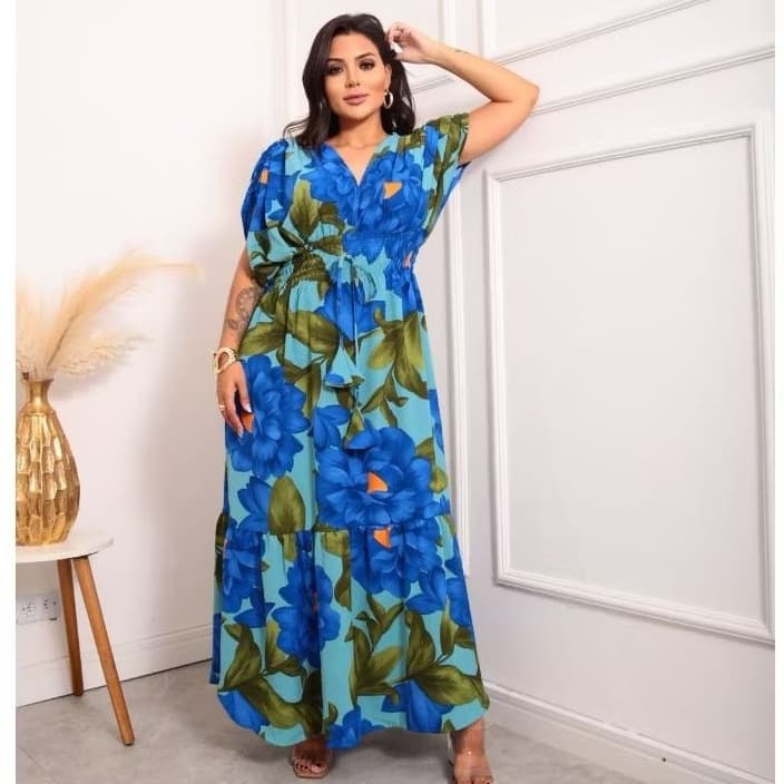 VESTIDO LONGO ESTAMPA FLORAL, DECOTE V COM FENDAS NA SAIA VESTIDO PLUSSIZE MODA EVANGELICA