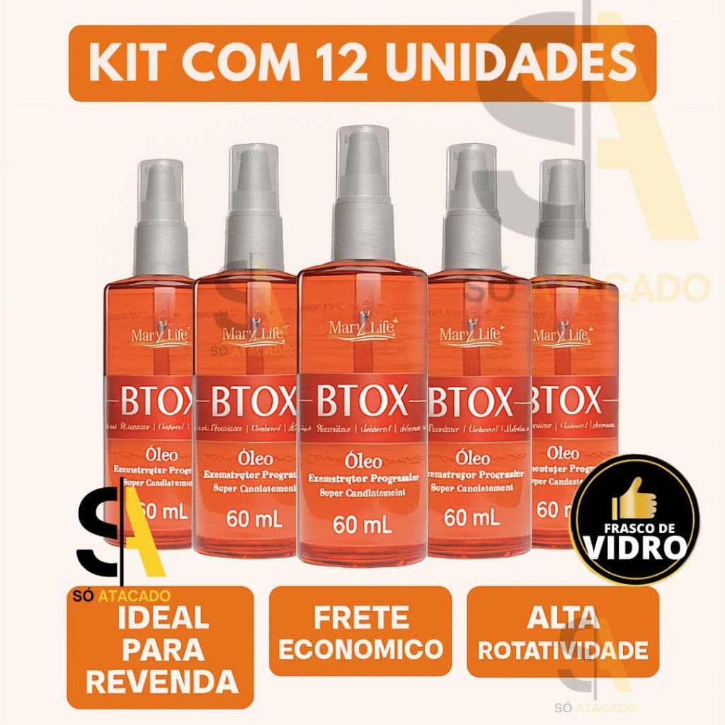 Kit 12 Óleo Btox Mary Life 60ml SEM CAIXINHA - Reconstrutor Progressivo- Frasco De Vidro Sem Caixinha