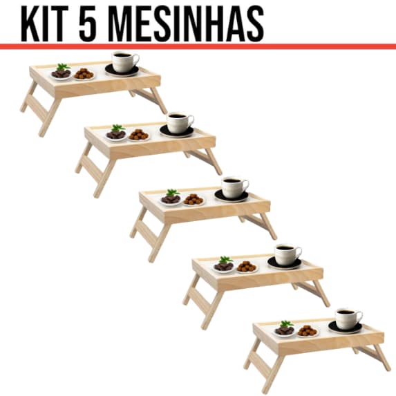 KIT 5 BANDEJA MESA CAFÉ DA MANHÃ NA CAMA OU SOFÁ COM PÉS DOBRÁVEIS, MADEIRA, COZINHA PARA SERVIR