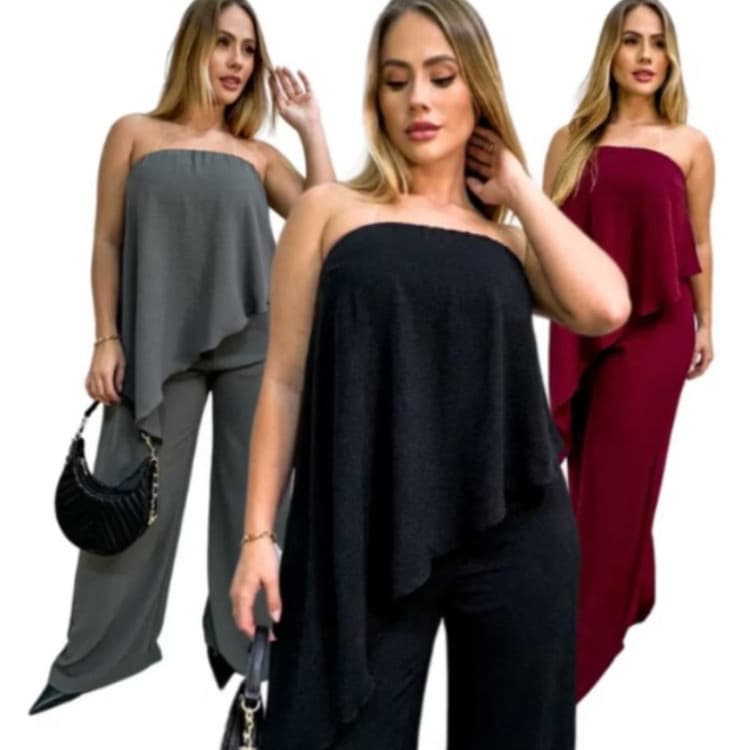 Conjunto Femenino Calça Pantalona e Blusa  Bata  tomara que caía Assimetrica Elegance tecido Duna