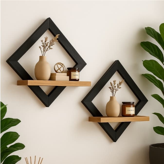 Prateleira de parede Quadro losango 40cm decorativo suporte Organizador fotos nicho sala quarto varanda cozinha banheiro