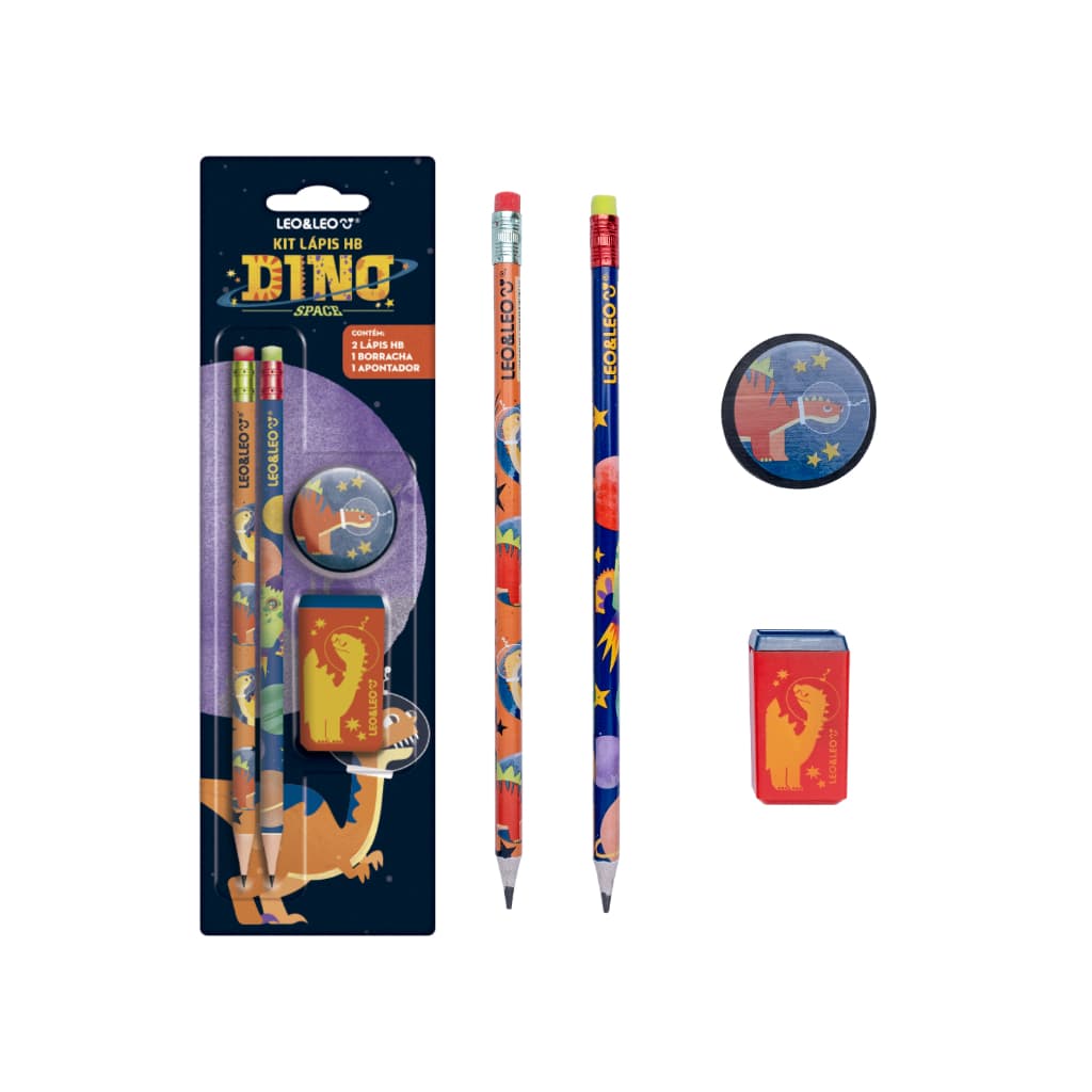 Kit Lápis Hb Dino Escolar Lápis Apontador Borracha Leo e Leo