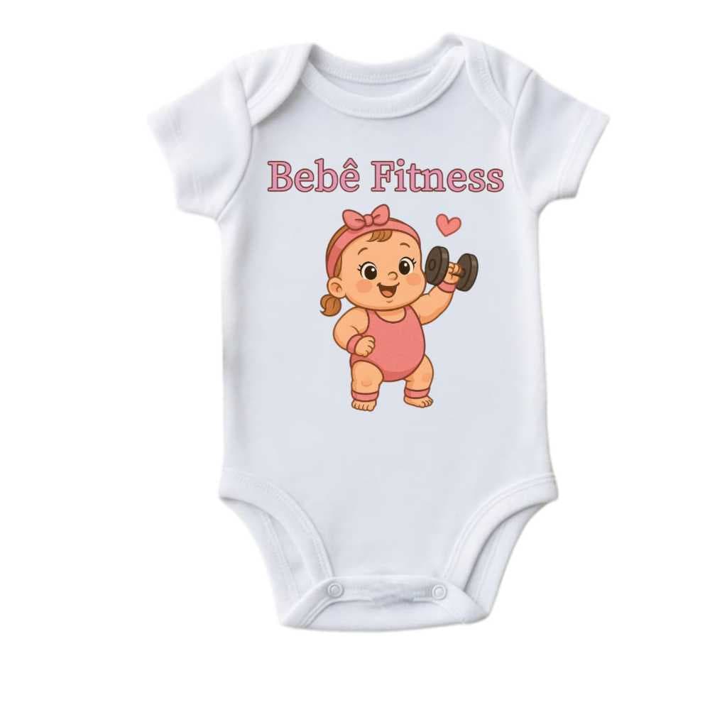 BODY BEBÊ FITNESS MENINA FOTOS DIVERTIDOS MESVERSÁRIO ENXOVAL BODY BRANCO COM DESENHO DE BEBÊ PEGANDO PESO