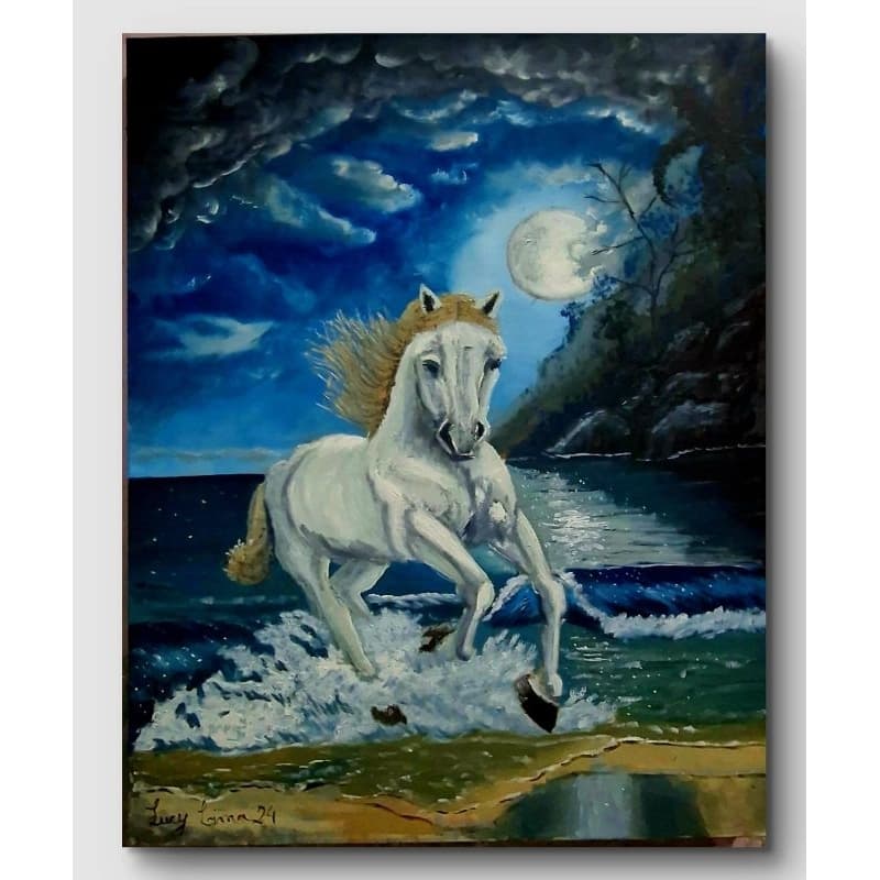 Tela Decorativa Cavalo Branco na Praia ao Luar 50x70 - Pintura em Óleo Autoral, Arte Realista Profissional
