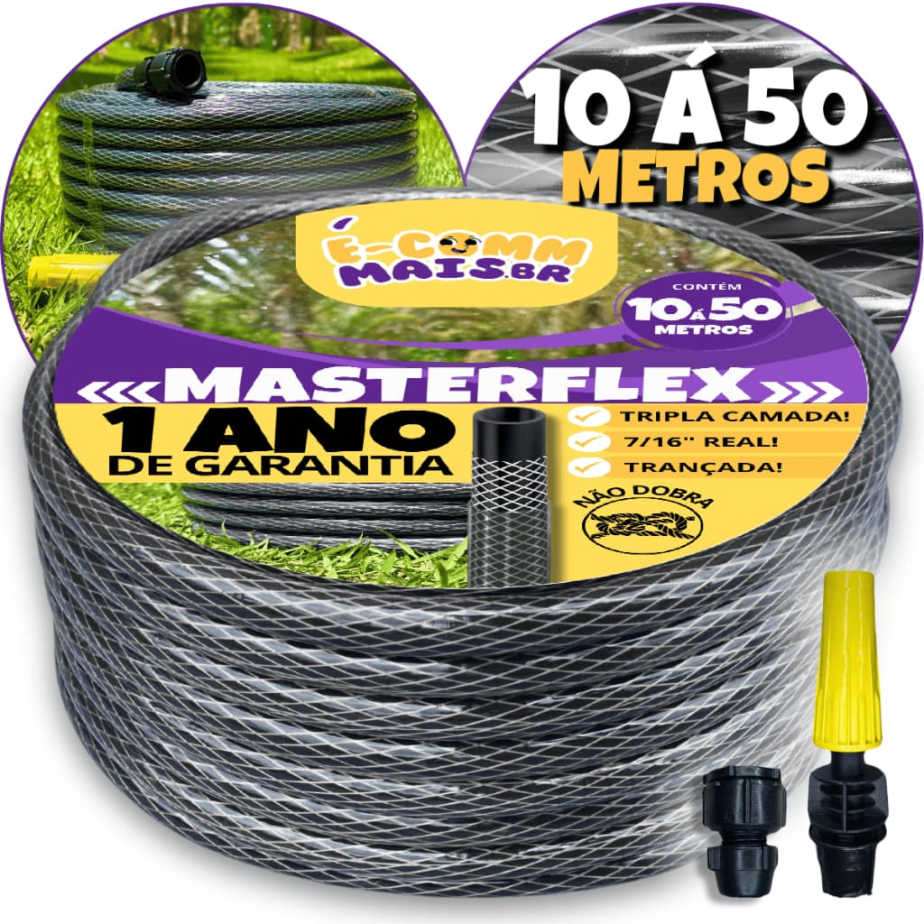 MANGUEIRA DE JARDIM TRANÇADA GRAFITE 7/16 (KIT COMPLETO) - 10m à 50m - Reforçada Trançada Resistente