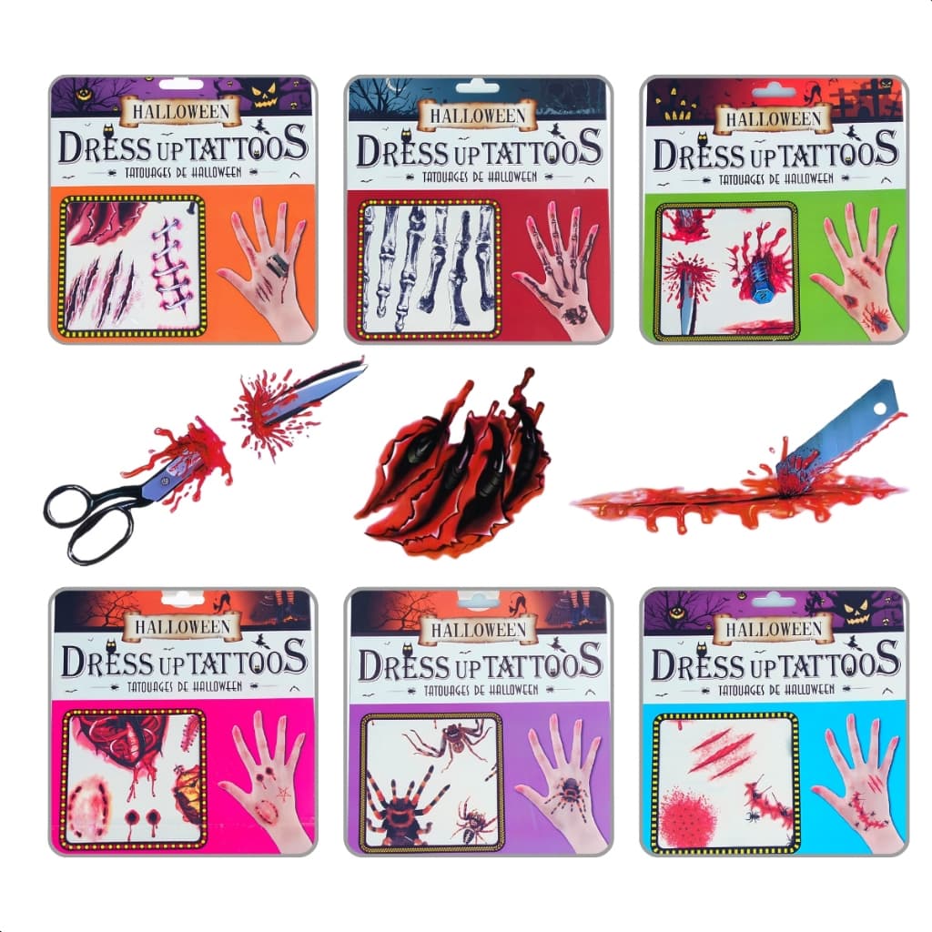 Kit 4 Cartelas Tatuagem Halloween Temporária Ferida Fantasia Auto Colante