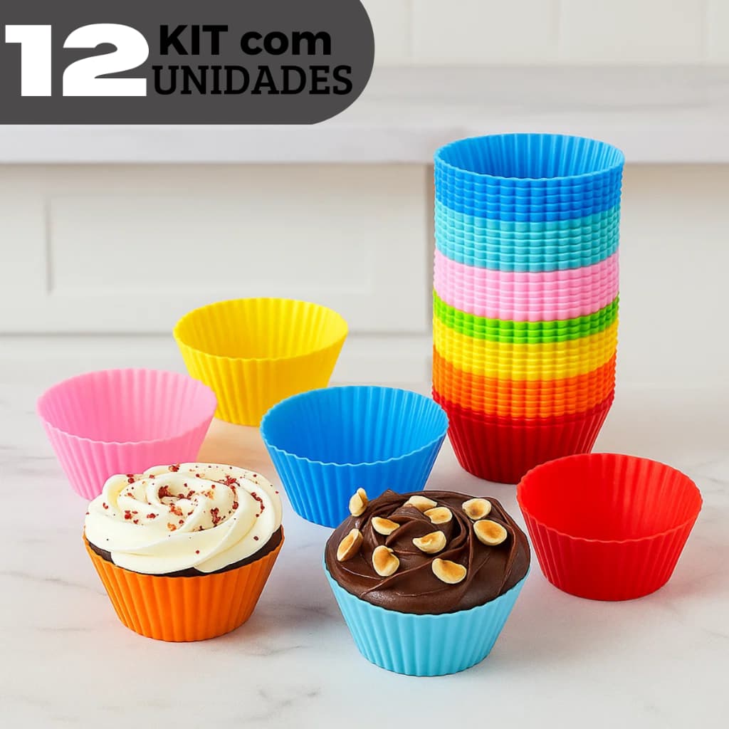 Kit com 12, 24 e 36 Unidades de Forma Molde Silicone - Muffin Bolo Cupcake Reutilizável Antiaderente