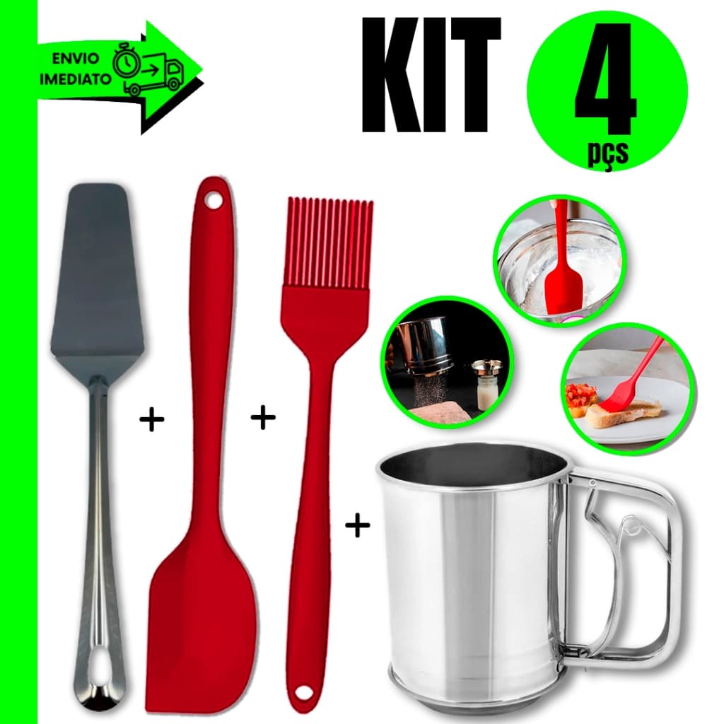 🍰 Kit 4 Peças – Polvilhador Inox + Espátula de Silicone + Pincel de Silicone + Espátula Inox | Praticidade na Cozinha e