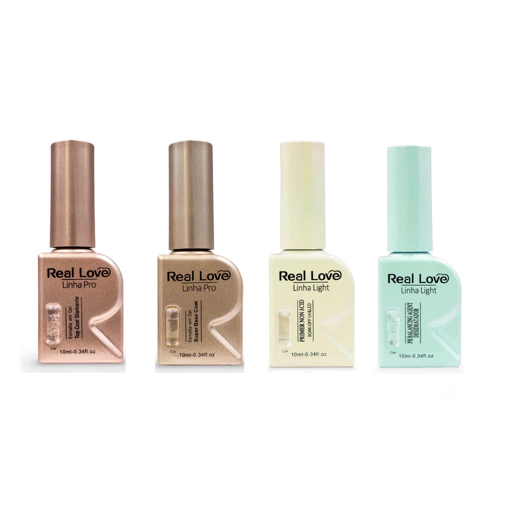 Kit 4 Preparadores Top Coat Diamante/Super Base Coat/Primer Non Acid/ PH Balancing  - Linha Pro Real Love - 10ml