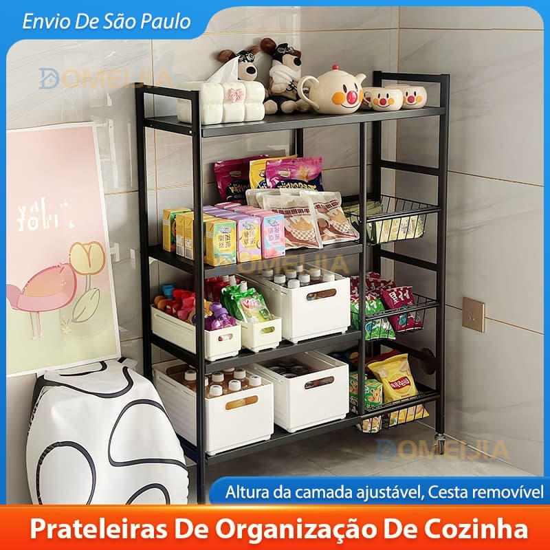 Prateleira Organizadora Cozinha com Rodas L80/100cm - Carrinho Alto Ajustável de 4 Andares + 3 Cestos | Frete de SP