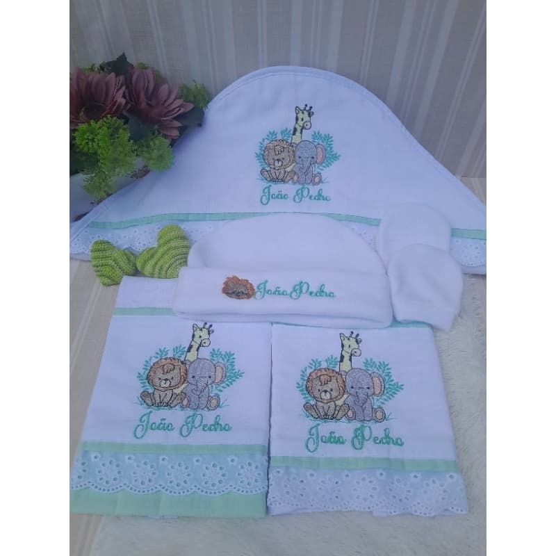Kit Enxoval de bebê personalizado bordado Safari menino maternidade 4 peças Fraldas Toalha