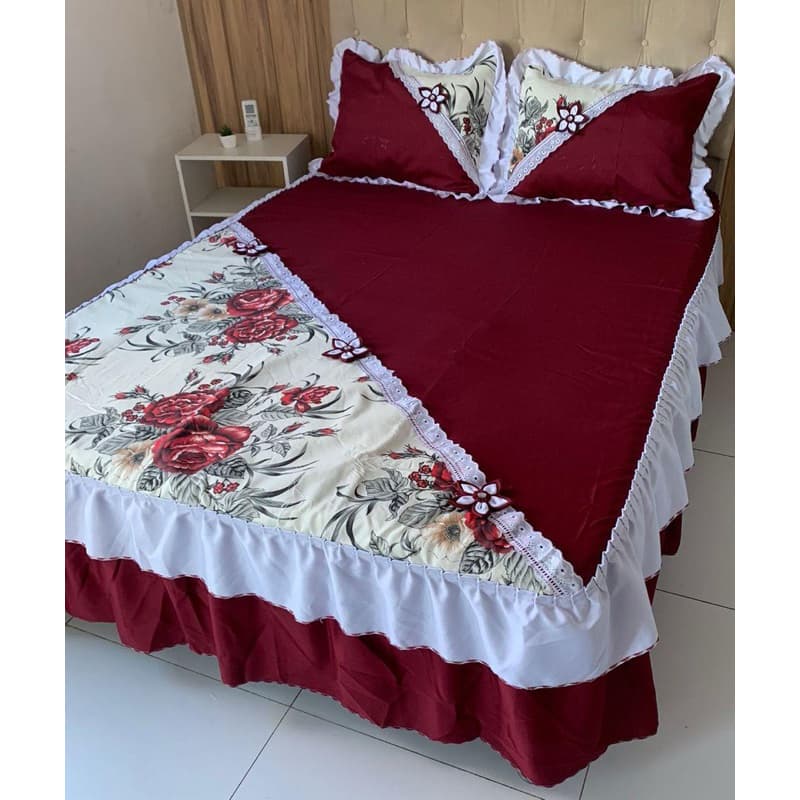 Colcha estampada acolchoada com babado duplo e bico 2,50M X 2,60M Cama Casal