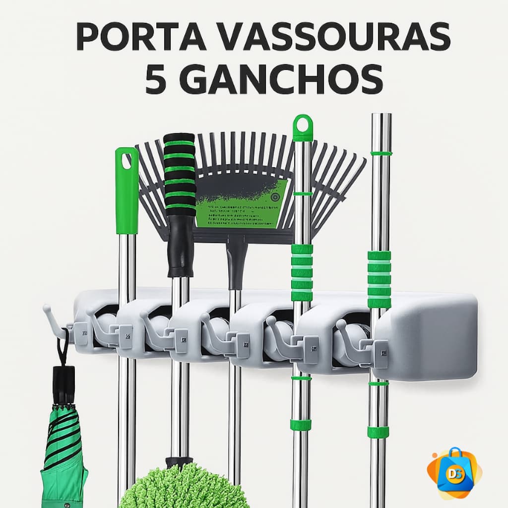 Suporte Organizador Multiuso 5 Lugares 6 Ganchos Porta Vassoura Rodo Chaves Posições
