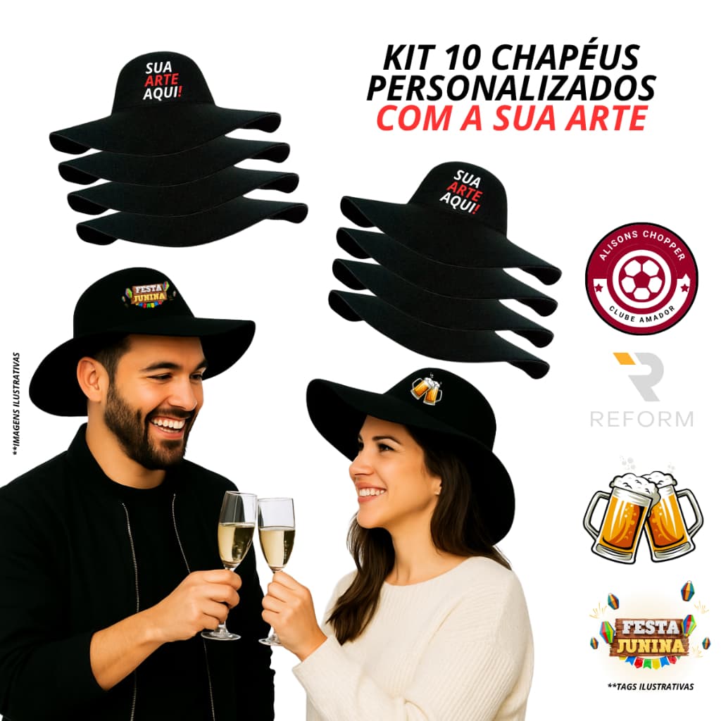 Kit 10 Chapéus Personalizado Com Sua Arte Chapéu Cata Ovo Preto Festa | Evento | Loja | Brinde