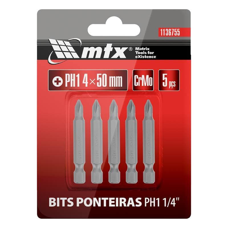 Jogo Bits 05 Peças Ponteiras Phillips Ph1 Parafusadeira Furadeira 50mm