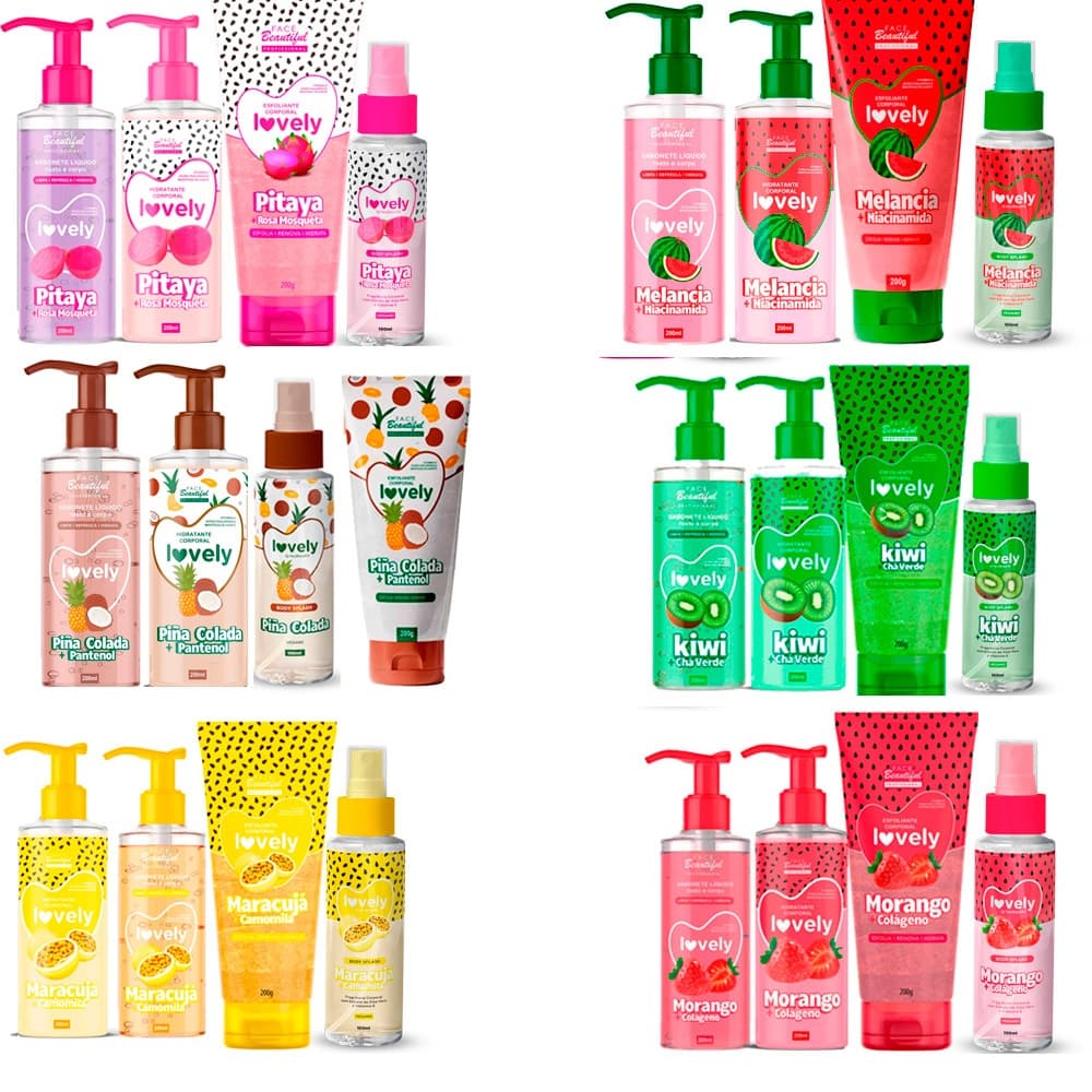 kit Corpo Cuidados no Banho Esfoliante Sabonete Hidratante Body Splash Corporal Face Beautiful