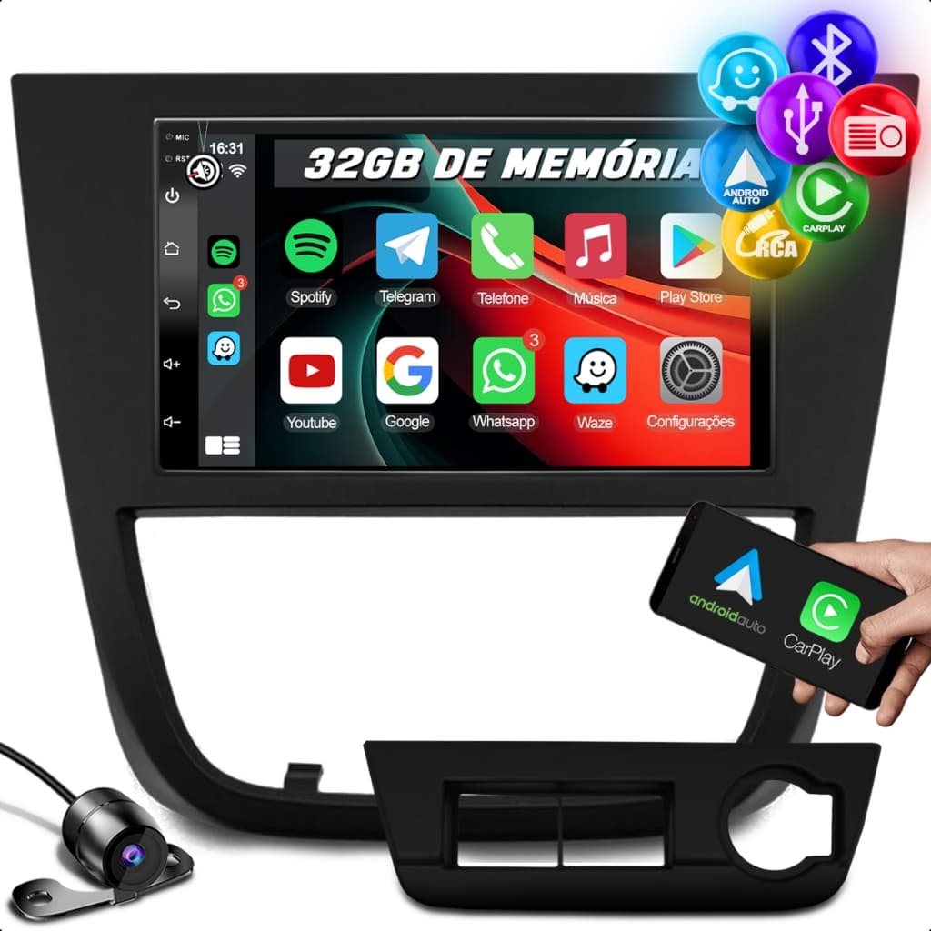 Kit Multimidia Android Carplay Sem Fio Som Automotivo Bluetooth 7 Polegada + Moldura 2 Din + Câmera