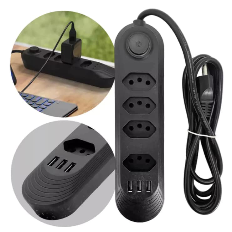 Régua Extensão Elétrica 4 Tomadas 3 Usb Cabo 2m 2400w