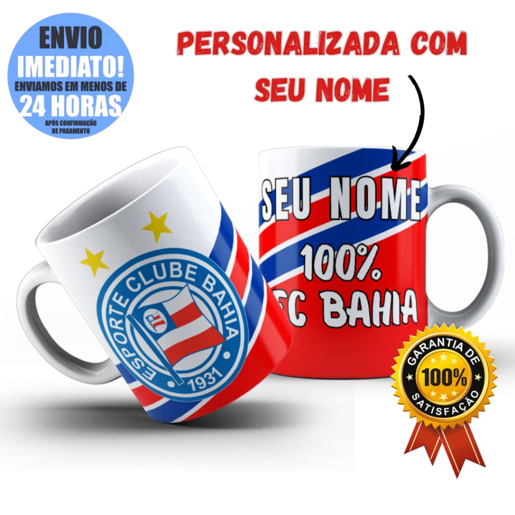 Caneca Xícara Personalizada COM NOME Esporte Clube EC Bahia Time de Futebol Arte Estilizada Envio 24h