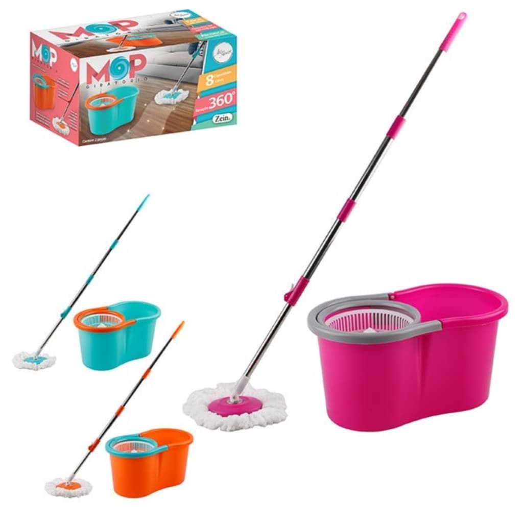 Mop Giratório 360 Esfregão Redondo com Cabo de Inox Para Limpeza - 8 Litros - Diversas Cores