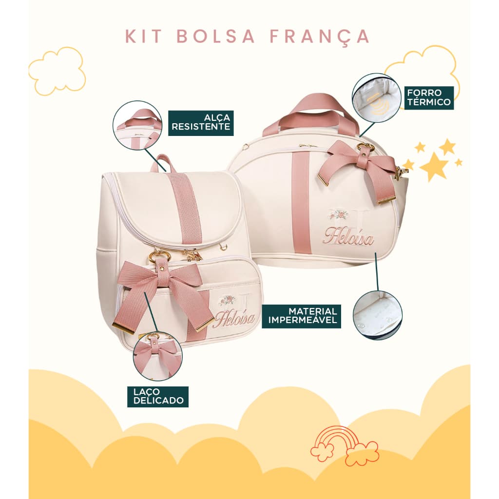 Kit Maternidade 2 Peças Bolsa e Mochila Personalizado Térmica Impermeável - Coleção França