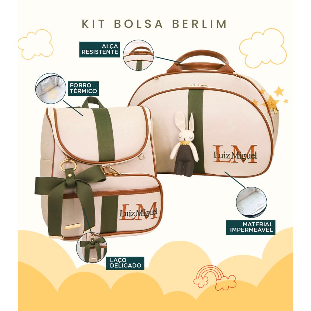 Kit Maternidade 2 Peças Bolsa e Mochila Personalizado Térmica Impermeável, Coleção Berlim