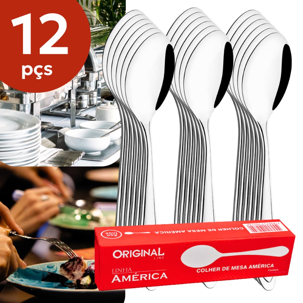 Kit 12 Colheres de Mesa Aço Inox América Original Line Bar Restaurante Buffet Padaria Cozinha