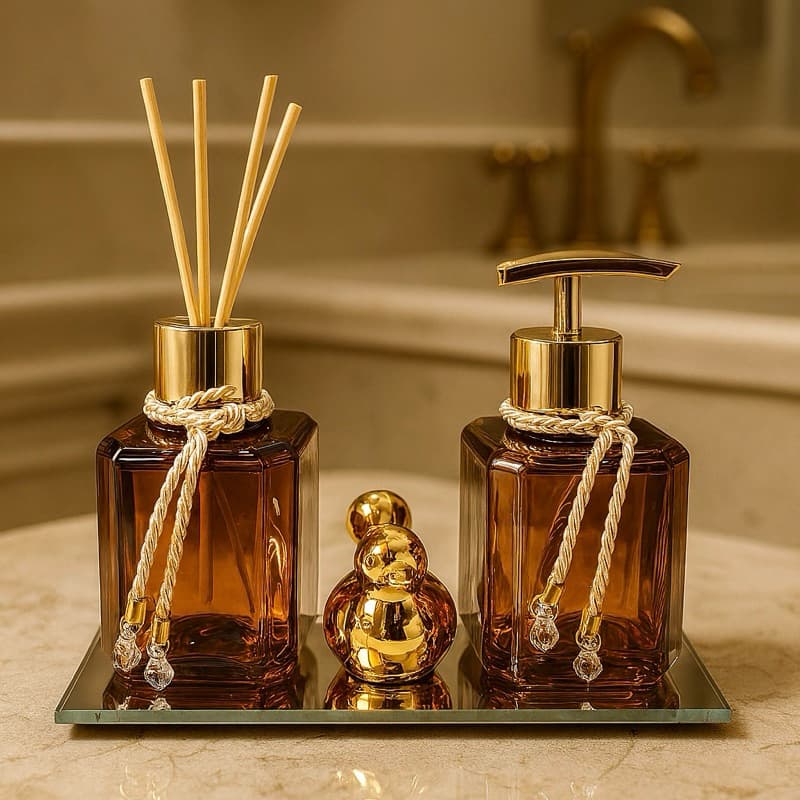 Kit Lavabo Pet Luxo Dourado Ambar Com Difusor de Varetas Saboneteira Bandeja Passarinho