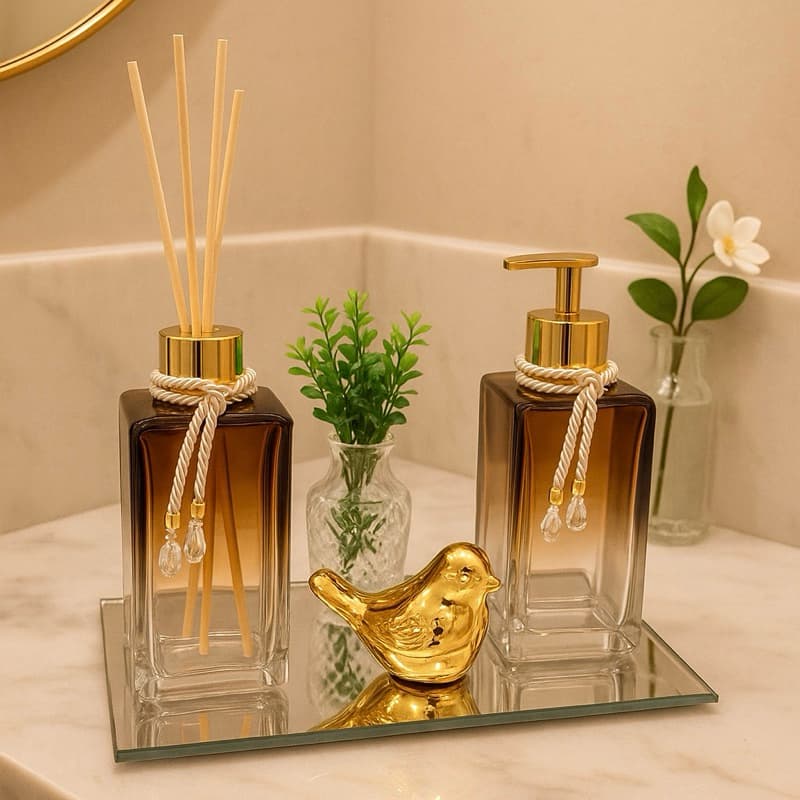 Kit Lavabo Aromatizador e Saboneteira Luxo Com Bandeja Vasinho Enfeite