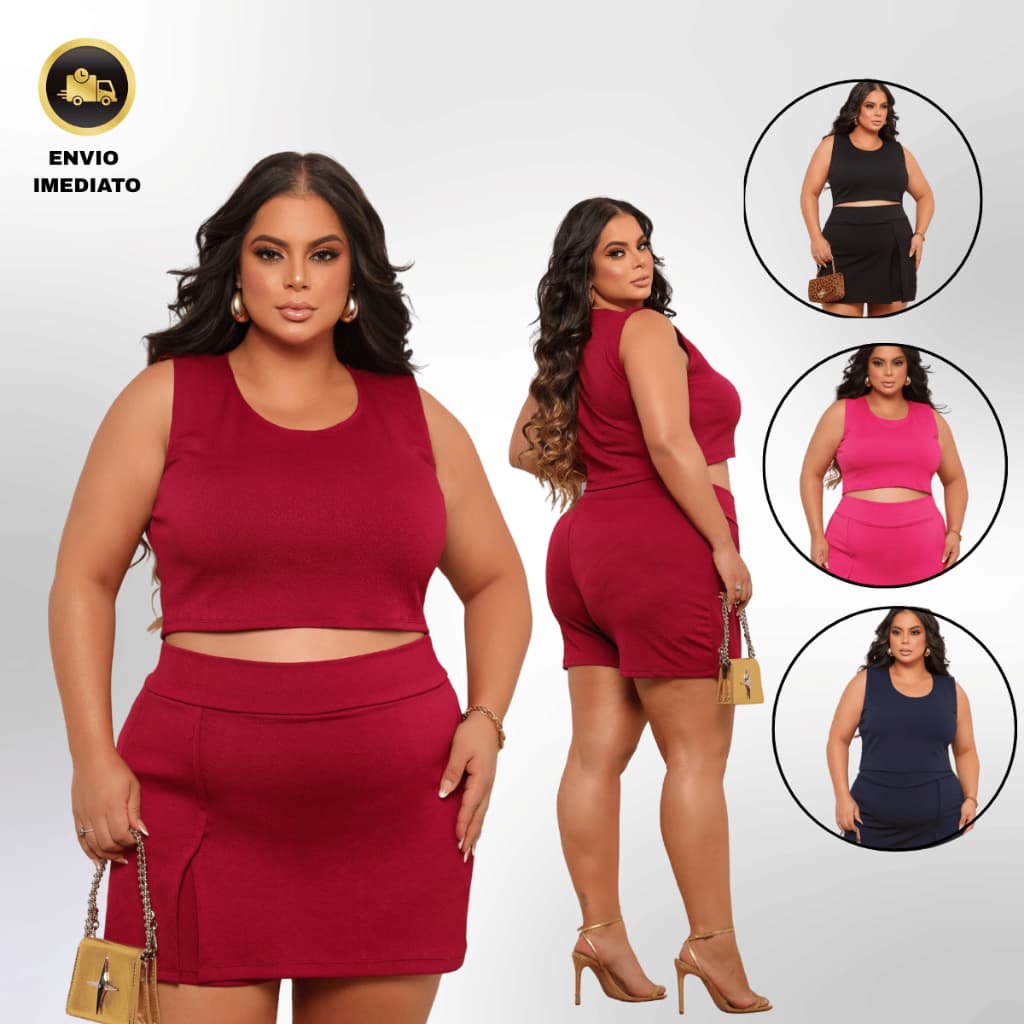 Conjunto Plus Size Feminino  Short Saia  e Cropped Conjuntinho Oversize Curve