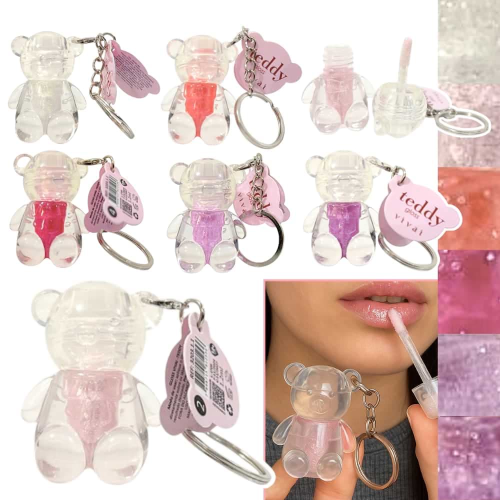 Kit 6 Lip Gloss Labial Ursinho Teddy com Chaveiro Fofo Vivai Brilho e Textura Suave