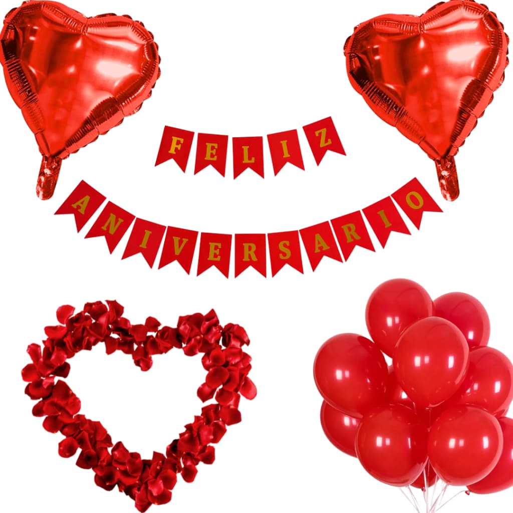 Kit Surpresa Romântica Faixa Feliz Aniversário + 2 Bexigas Coração + 50 Bexigas 6'' + 100 Pétalas