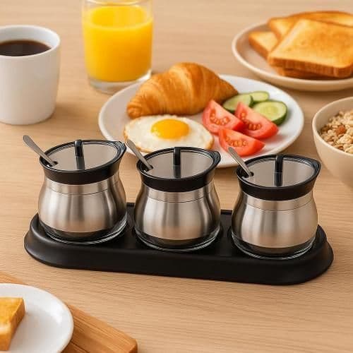 Conjuntos Porta Condimentos Vidro e Inox Prático Elegante para Cozinha Multiuso Tempero  Organização