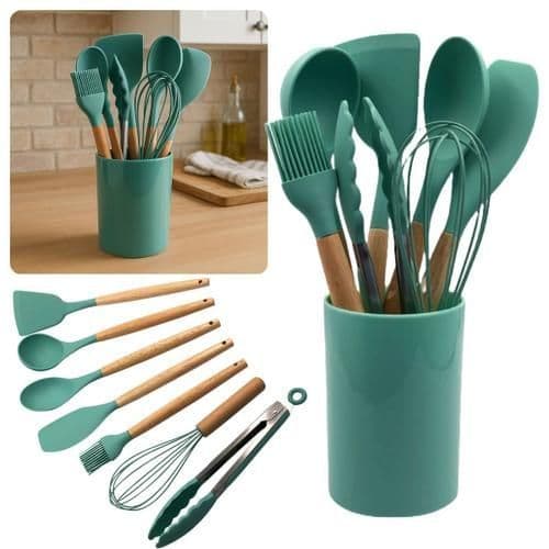 Kit Utensílios de Cozinha em Silicone – 8 Peças | Verde Escuro