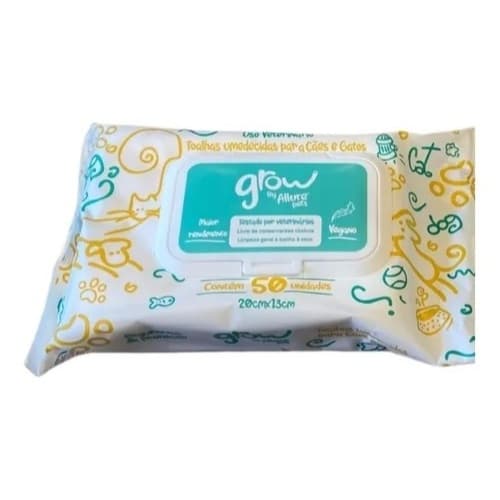 Lenço Umidecido Toalha Grow 50 unidades 20x13 CÃES e GATOS Banho a Seco Hipoalergenico e Vegano