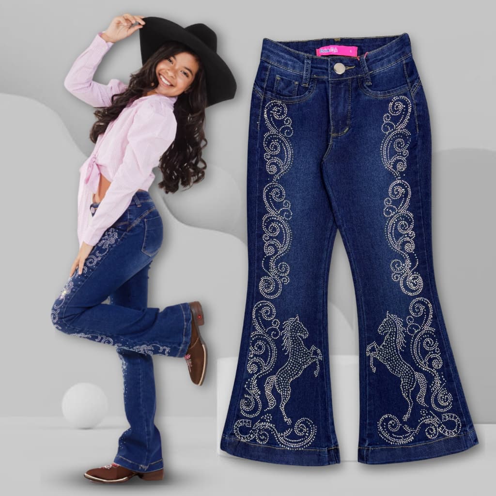 Calça Jeans Flare Infantil Menina Com Strass Country Ana Castela Calça Boiadeira Estampa de Cavalo