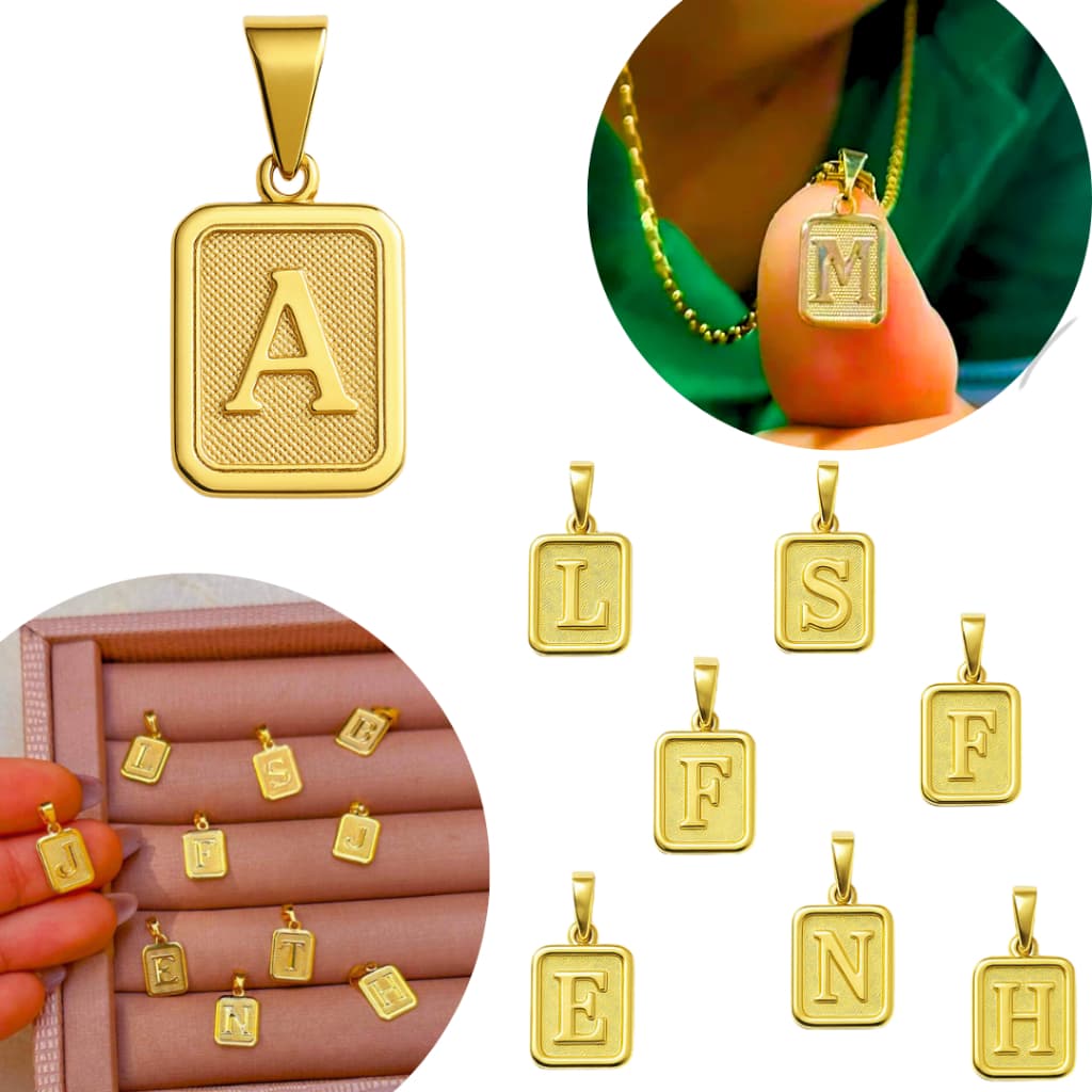Pingente Letra Inicial Placa Delicada Tendência Moda Blogueira