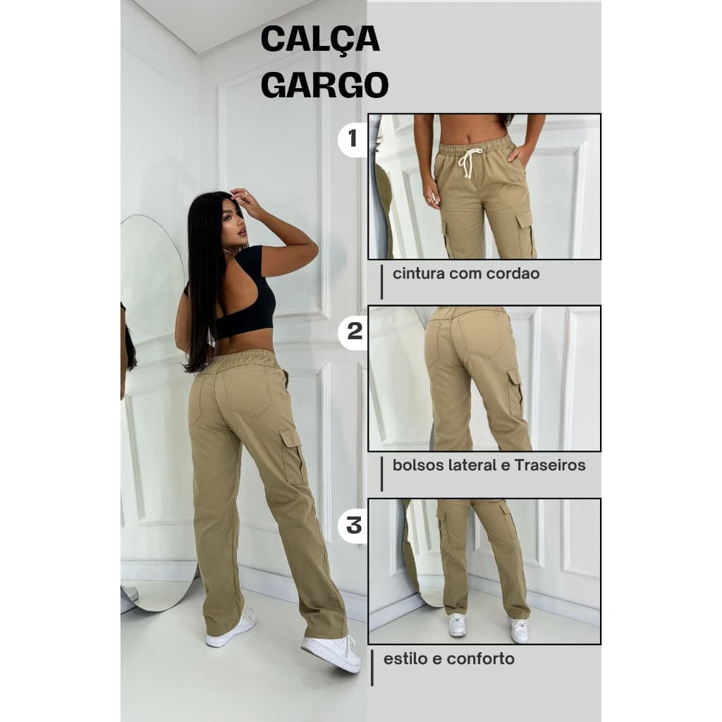 Calça Cargo Feminina Sarja Bolsos Lateral Larga Reta Cordão