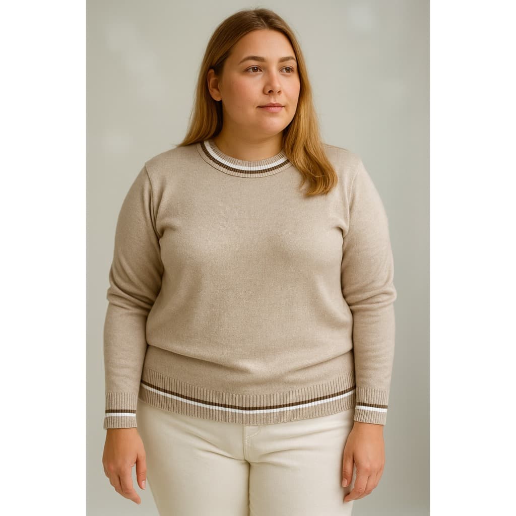 Blusa Tricô Plus Size Meia Malha Gola Redonda Canelada Com Listras
