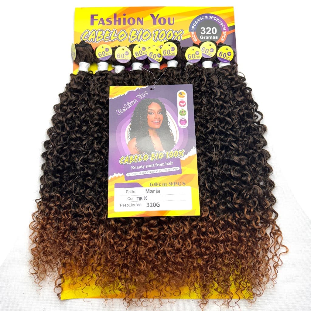 Cabelo Orgânico Cacheado Bio Fibra Similar Humano 320g 60cm 9 telas sem brilho Fashion You Maria