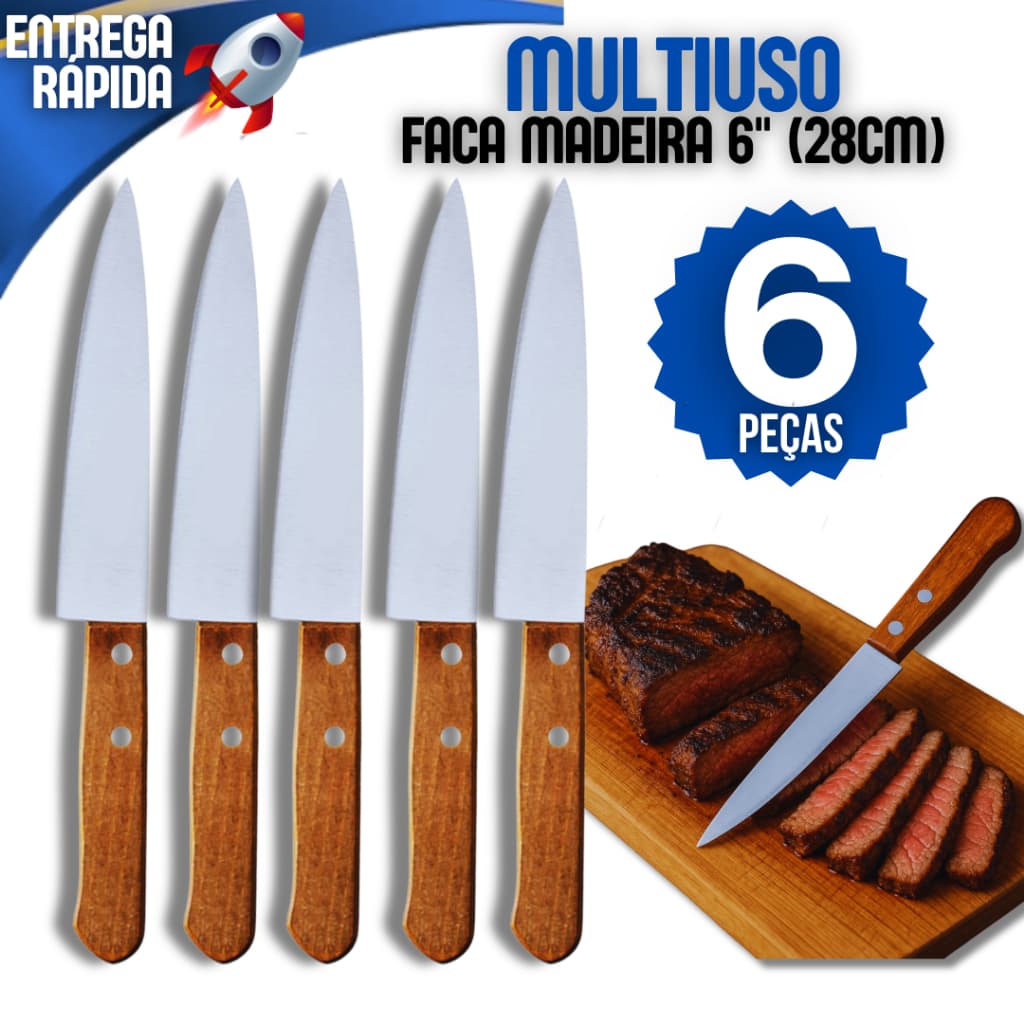 Kit 6 Facas de Cozinha Aço Inox Cabo de Madeira 6" Carne Salada Legumes Churrasco Churrasqueira Casa