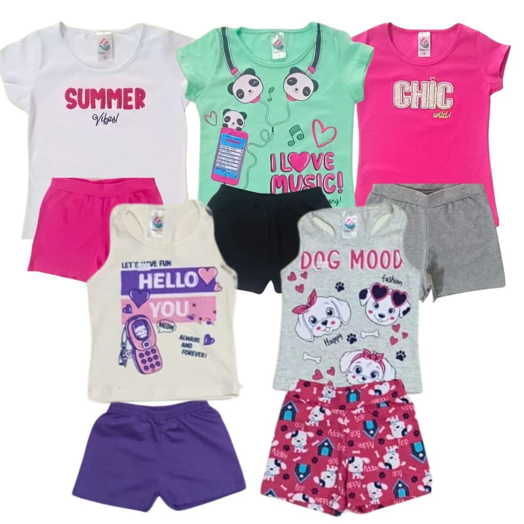 Kit 10 peças SORTIDO Verão Infantil e Juvenil Menina - 5 Blusas + 5 Shorts