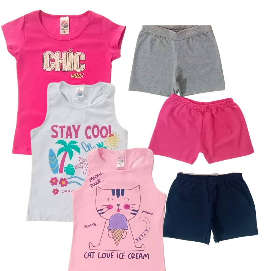 Kit 6 Peças Verão Menina Infantil e Juvenil - 3 Blusas + 3 Shorts- SORTIDOS