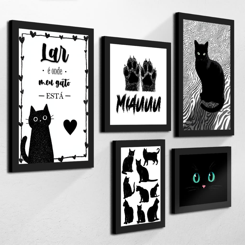 Kit de 5 Quadros Decorativos De Gatos Pet Animais Para Quarto Sala Hall de Entrada Lindo Fofo