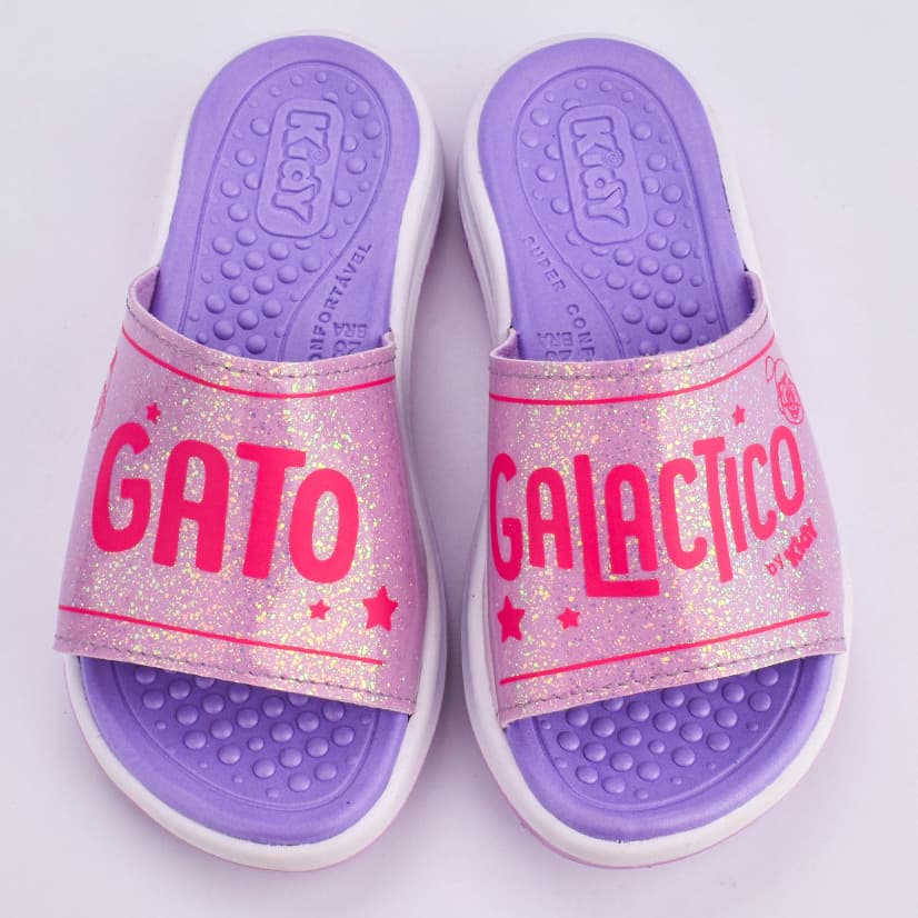 Chinelo Sandália Slide Infantil Kidy Gato Galáctico Glitter Anatômica Calce Fácil Escolar Leve Macia